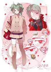  1girl absurdres bag belt boots buttons char's_counterattack chibi chibi_inset coat commentary_request double-breasted eyepatch green_hair gundam highres looking_at_viewer multiple_views quess_paraya shorts shoulder_bag sleeves_rolled_up smile su2urann twintails uneven_twintails violet_eyes 