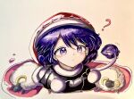  1girl ? closed_mouth cropped_torso doremy_sweet eye20806972 hat highres looking_at_viewer nightcap pom_pom_(clothes) purple_hair red_headwear sheep simple_background touhou traditional_media violet_eyes zzz 