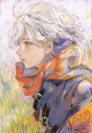  1boy androgynous blue_eyes colorful earrings eyelashes grass highres jewelry light_blue_eyes long_eyelashes male_focus multicolored_eyes orie_h original painterly parted_lips red_scarf scarf solo star_(symbol) star_earrings upper_body violet_eyes white_hair wind 