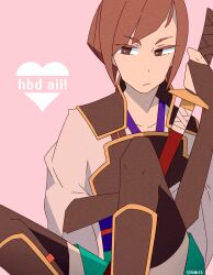  1boy armor bob_cut brown_hair fire_emblem fire_emblem_fates happy_birthday highres hisame_(fire_emblem) inverted_bob japanese_armor japanese_clothes katana looking_at_viewer male_focus samurai solo soranker sword weapon 