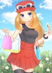  1girl bag banned_artist blonde_hair blue_eyes blurry blush closed_mouth clouds collared_shirt commentary_request cowboy_shot day eyewear_on_headwear hat high-waist_skirt highres holding long_hair mega_ring outdoors pink_bag pokemon pokemon_(game) pokemon_xy red_headwear red_skirt serena_(pokemon) shirt shopping_bag skirt sky sleeveless sleeveless_shirt smile solo sunglasses takahara thigh-highs white-framed_eyewear 