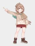 1girl absurdres ahoge ankle_boots bangs beret bird boots braid braided_bangs brown_eyes brown_hair brown_hoodie capelet grin hat highres hololive hololive_english hood hoodie looking_at_viewer multicolored_hair nanashi_mumei owl pleated_skirt pointing pointing_to_the_side rantofish red_skirt short_hair skirt smile streaked_hair stuffed_toy virtual_youtuber younger 