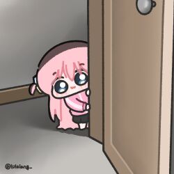  1girl :3 black_skirt blue_eyes bocchi_the_rock! chibi chibi_only closed_mouth commentary door doorway full_body gotoh_hitori highres jacket long_hair looking_at_viewer lulalang one_side_up open_door pink_hair pink_jacket skirt smile solo standing twitter_username untranslatable_commentary 