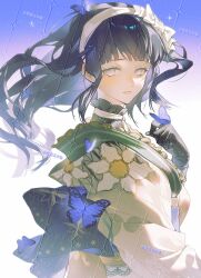  1girl absurdres alternate_costume artist_request back_bow blue_background blunt_bangs bow bug butterfly chinese_commentary closed_mouth commentary_request commission dated_commentary floating_hair gloves gradient_background gradient_hair hair_floating_upwards highres hyuuga_hinata japanese_clothes kimono looking_at_viewer looking_to_the_side multicolored_hair naruto_(classic) naruto_(series) purple_hair second-party_source solo upper_body violet_eyes 