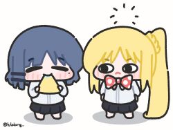  2girls angry black_eyes black_skirt blonde_hair blue_hair bocchi_the_rock! bow bowtie chibi chibi_only closed_eyes closed_mouth eating_non-food hair_ornament hairclip highres ijichi_nijika long_hair looking_at_another lulalang mole mole_under_eye multiple_girls no_ahoge parallel_hairclips parted_bangs polka_dot polka_dot_bow polka_dot_bowtie red_bow red_bowtie shirt short_hair side_ponytail simple_background skirt standing twitter_username white_background white_shirt yamada_ryo 