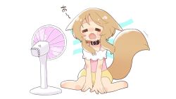  1girl animal_ears child closed_eyes collar commentary ears_down electric_fan floating_hair highres official_art ouka_miko pink_shirt shirt shorts sitting solo tail untranslatable_commentary voicevox white_background wolf_ears wolf_girl wolf_tail yellow_shorts 