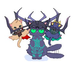  1girl 2boys adoptive_siblings animalization black_cat blue_eyes brother_and_sister brothers cape cat colored_sclera fake_horns gold_helmet green_cape green_lines green_sclera hela_(marvel) helmet highres horned_helmet horns loki_(marvel) marvel motion_lines multiple_boys nanimodekiyasne open_mouth red_cape siblings tail tail_wagging thor:_ragnarok thor_(marvel) thor_(marvel)_(series) whiskers white_background yellow_cat 