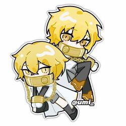  1boy 1girl black_shoes black_skirt black_thighhighs blonde_hair brown_shoes cape chain chained chained_wrists collar don_quixote_(project_moon) gloves index_(identity)_(project_moon) limbus_company pants project_moon shirt shoes short_hair sinclair_(project_moon) skirt thigh-highs white_background white_cape white_shirt yellow_eyes 