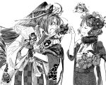  2girls ahoge arguing clenched_hand closed_eyes fate/grand_order fate_(series) gloves highres japanese_clothes katsushika_hokusai_(fate) kimono kyokutei_bakin_(fate) long_hair monochrome multiple_girls octopus ponytail qmiqun tokitarou_(fate) wide_sleeves 