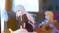  2girls black_shirt blonde_hair blue_shirt bookshelf bra_strap cho_kaguya-hime! commentary electric_fan fang highres hixii1238 indoors inudoge kaguya_(cho_kaguya-hime!) long_hair multiple_girls open_mouth pink_shorts runami_yachiyo shirt shorts sidelocks sweat teeth untranslatable_commentary upper_teeth_only violet_eyes white_hair 
