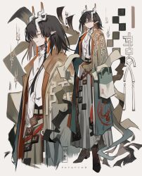  1girl arknights artist_name bead_bracelet beads black_hair boots bracelet brown_eyes chinese_clothes chinese_text collared_shirt commentary dragon_girl dragon_horns dragon_tail earrings english_commentary eyeliner hair_ornament happy highres horns jewelry jie_(arknights) looking_at_viewer makeup multicolored_robe multiple_views pointy_ears potettoe robe shirt smile tail tassel tassel_earrings white_background white_shirt 