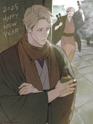  2025 2boys blonde_hair clothing_request commentary_request dango food happy happy_new_year highres holding itadori_yuuji japanese_clothes jujutsu_kaisen looking_at_another male_focus multiple_boys nanami_kento naspibon_ox open_mouth pink_hair running scarf short_hair sideburns standing wagashi 