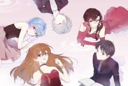  2boys 3girls arm_support ayanami_rei black_choker black_hair black_jacket black_shirt black_suit book brown_hair choker closed_mouth collared_shirt dress glasses gloves grey_hair hair_between_eyes highres ikari_shinji jacket long_hair looking_at_viewer lying makinami_mari_illustrious multiple_boys multiple_girls nagisa_kaworu necktie neon_genesis_evangelion on_back on_stomach open_book purple_necktie rectangular_eyewear red-framed_eyewear red_dress semi-rimless_eyewear shipin606 shirt short_hair sitting smile souryuu_asuka_langley suit suit_jacket under-rim_eyewear white_shirt 