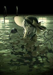  1girl black_hat bow buttons commentary diamond_button eyeball frilled_shirt_collar frills green_eyes green_hair hat hat_bow hat_ribbon heart heart_of_string highres indoors komeiji_koishi partially_submerged pool pool_ladder ribbon shirt smile t_terano third_eye touhou water wet yellow_bow yellow_ribbon yellow_shirt 