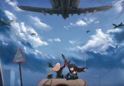 airplane assault_rifle girls_frontline humvee long_hair m4_carbine m4_sopmod_ii_(girls_frontline) m4a1_(girls_frontline) multiple_girls vehicle