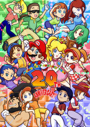  6+boys 6+girls absurdres anniversary azalea_(mario_golf) backwards_hat beard belt black_belt black_hair blonde_hair blue-framed_eyewear blue_dress blue_eyes blue_hair blue_overalls book brown_eyes brown_hair buzz_(mario_golf) commentary_request copyright_name crossed_arms crown dress earrings ella_(mario_golf) everyone facial_hair gene_yuss glasses gloves grace_(mario_golf) green_hair hat helen_(mario_golf) highres holding holding_book jewelry joe_(mario_golf) kid_(mario_golf) mario mario_golf mario_golf:_advance_tour multiple_boys multiple_girls mustache one_eye_closed open_mouth orange_hair overalls pink_dress piyochan_33 ponytail princess_peach procreate_(medium) putts_(mario_golf) red_eyes sherry_(mario_golf) shorts single_glove skirt sleeveless sleeveless_dress smile sunglasses super_mario_bros. tiny_(mario_golf) v violet_eyes visor_cap white_gloves 