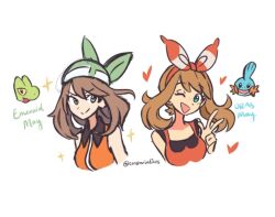  2girls ;d aqua_eyes bandana bare_shoulders brown_hair character_name closed_mouth commentary constarlations dual_persona english_commentary eyelashes green_bandana green_eyes hairband heart long_hair may_(pokemon) mudkip multiple_girls nostrils one_eye_closed open_mouth pokemon pokemon_(creature) pokemon_emerald pokemon_oras pokemon_rse red_hairband simple_background sleeveless smile sparkle split_mouth treecko w white_background 
