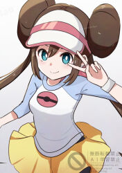  1girl aoneko4ao_(edwf7745) aqua_eyes bright_pupils brown_hair closed_mouth commentary double_bun grey_background hair_bun hand_up long_hair pokemon pokemon_bw2 raglan_sleeves rosa_(pokemon) shirt shorts smile solo three-quarter_sleeves twintails v visor_cap watermark white_pupils yellow_shorts 