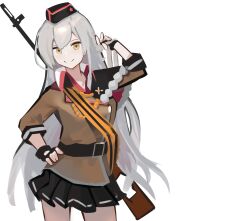  1girl absurdres black_bow black_gloves black_hat black_ribbon black_skirt bow girls_frontline gloves gun hat highres long_hair myticalcat ribbon skirt smile solo standing svd_(girls'_frontline) weapon white_hair yellow_eyes 