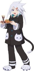  1boy artist_request black_pajamas black_tail blue_eyes cat_pajamas cat_tail cookie fake_tail fluffy_clothes food full_body game_cg genis_sage genis_sage_(pajamas) highres holding holding_plate hood hooded_pajamas looking_at_viewer macaron medium_hair official_alternate_costume official_art one_eye_closed open_mouth pajamas paw_shoes plate smile solo spiky_hair standing tail tales_of_(series) tales_of_asteria tales_of_symphonia third-party_source transparent_background white_hair 