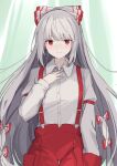  1girl absurdres bow buttons closed_mouth collared_shirt cowboy_shot fujiwara_no_mokou grey_hair hair_bow hand_in_pocket highres long_hair long_sleeves looking_at_viewer multiple_bows pants red_eyes red_pants shiratakiseaice shirt smile solo standing suspenders touhou white_shirt 