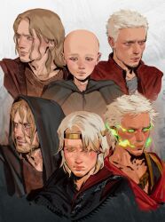  3boys a_knight_of_the_seven_kingdoms a_song_of_ice_and_fire absurdres aegon_v_targaryen aerion_targaryen age_progression bald beard black_cloak black_robe brothers brown_hair brown_jacket child circlet cloak closed_mouth commentary crazytom crown daeron_targaryen english_commentary facial_hair highres hood hood_up hooded_robe jacket male_focus medium_hair multiple_boys multiple_views orange_eyes parted_lips red_jacket robe short_hair siblings smoke_from_mouth upper_body violet_eyes wavy_hair white_hair 
