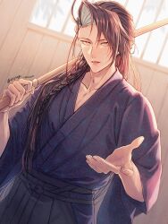  1boy asa_no_ha_(pattern) asagi_tsuzumi black_hair black_hakama blue_kimono bokken braid curtained_hair fate/grand_order fate_(series) grey_eyes hakama highres holding holding_sword holding_weapon japanese_clothes kimono kondou_isami_(fate) long_hair looking_at_viewer male_focus official_alternate_costume over_shoulder red_hair single_braid single_hair_streak solo sword weapon weapon_over_shoulder wooden_sword 
