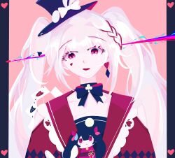  1girl absurdres black_hair black_hat blunt_bangs bow bow_necklace braid chinese_commentary closed_mouth clothing_cutout collar commentary_request diamond_(shape) diamond_facial_mark diamond_on_cheek facial_mark frilled_collar frilled_shirt frills hat hat_bow hat_ornament heart heart_print highres honkai:_star_rail honkai_(series) japanese_clothes kimono lapels long_hair looking_to_the_side multicolored_hair obi open_mouth pink_background pink_eyes plaid_clothes plaid_sleeves profile rabbit_ear_hat rabbit_ear_headwear rabbit_hat_ornament red_hair red_kimono red_shirt red_sleeves sash shirt shoulder_cutout solo sparkle_(doll)_(honkai:_star_rail) sparkle_(honkai:_star_rail) sparxie_(honkai:_star_rail) streaked_hair twintails upper_body very_long_hair white_hair xianshuiwulong 