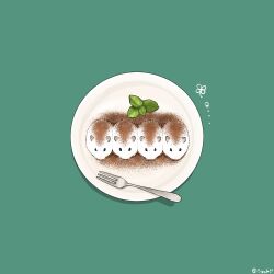  animal animal_focus cocoa_powder commentary_request fork green_background hamster mint_leaf no_humans on_plate original plate simple_background upiupisyo 
