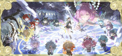  4boys 6+girls absurdres aglaea_(honkai:_star_rail) anaxa_(honkai:_star_rail) animal_ears aqua_hair astral_express_(honkai:_star_rail) black_coat black_hair black_skirt blonde_hair blue_eyes border castorice_(honkai:_star_rail) cat_ears cat_girl cat_tail cerydra_(honkai:_star_rail) chinese_commentary chrysos_heirs_(honkai:_star_rail) cipher_(honkai:_star_rail) coat commentary_request cross-shaped_pupils crown cyrene_(demiurge)_(honkai:_star_rail) cyrene_(honkai:_star_rail) dan_heng_(honkai:_star_rail) dan_heng_(permansor_terrae)_(honkai:_star_rail) dragon_boy dragon_horns dress evernight_(honkai:_star_rail) eyepatch flower grey_hair hair_flower hair_ornament head_wreath highres holding holding_quill honkai:_star_rail honkai_(series) horns hyacine_(honkai:_star_rail) hysilens_(honkai:_star_rail) long_hair march_7th_(honkai:_star_rail) medium_hair multiple_boys multiple_girls phainon_(honkai:_star_rail) pink_hair pointy_ears purple_hair puzzle puzzle_piece qian_beibeibeibeibei quill red_hair shirt skirt stelle_(honkai:_star_rail) symbol-shaped_pupils tail trailblazer_(honkai:_star_rail) train trianne_(honkai:_star_rail) tribbie_(honkai:_star_rail) trinnon_(honkai:_star_rail) triplets twintails very_long_hair violet_eyes white_dress white_shirt 
