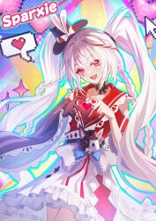  1girl absurdres belt black_belt black_gloves black_hat braid breasts butterfly-shaped_pupils clothing_cutout collar commentary_request cursor diamond_(shape) diamond_facial_mark diamond_on_cheek dress english_text facial_mark finger_heart four-finger_heart_hands frilled_collar frilled_dress frilled_skirt frilled_sleeves frills gloves hat hat_ornament heart heart_facial_mark heart_hands heart_on_cheek heart_print highres honkai:_star_rail honkai_(series) lapels long_hair long_sleeves looking_at_viewer mark_under_both_eyes mini_hat mini_top_hat multicolored_hair open_mouth pink_eyes rabbit_ear_headwear rabbit_hat_ornament red_eyes red_hair red_shirt shirt shoulder_cutout single_glove skirt smile solo sparkle_(honkai:_star_rail) sparxie_(honkai:_star_rail) speech_bubble streaked_hair supplicant_mask symbol-shaped_pupils thumbs_up_emoji top_hat twintails very_long_hair white_hair wide_sleeves yizhikejiu 