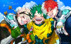  3boys absurdres arm_around_shoulder bakugou_katsuki blonde_hair boku_no_hero_academia burn_scar cape closed_eyes commentary_request eye_mask facing_viewer gloves green_hair grin happy happy_tears heterochromia highres looking_at_viewer male_focus mask mask_on_head midoriya_izuku multicolored_hair multiple_boys one_eye_closed open_mouth red_eyes red_hair scallopojisan scar scar_on_face short_hair smile spiky_hair split-color_hair superhero_costume tears todoroki_shoto translation_request twitter_username two-tone_hair upper_body white_hair yellow_cape 