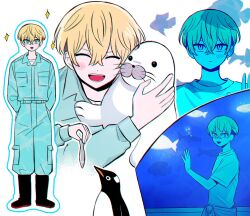  1boy against_glass aqua_jacket aqua_pants aquarium bird blonde_hair blue_eyes commentary crossover earrings fish fish_tank hand_on_glass highres jacket jewelry long_sleeves male_focus matsuno_chifuyu multiple_views ocolayapap open_mouth pants penguin school_of_fish seal_(animal) short_hair single_earring smile solo standing tokyo_revengers tropical_fish untranslatable_commentary 