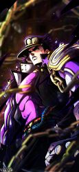  1boy 1other absurdres belt black_coat black_gloves black_hair black_hat blue_eyes card chain coat colored_skin commentary english_commentary fingerless_gloves from_below gakuran gloves gold_chain hat high_collar highres jewelry jojo_no_kimyou_na_bouken kujo_jotaro looking_at_viewer male_focus multiple_belts noonvincent peaked_cap profile purple_shirt purple_skin school_uniform shirt shoulder_pads sparkle stand_(jojo) star_(symbol) star_platinum stardust_crusaders 