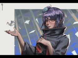  1girl akatsuki_uniform black_border black_nails black_robe blue_flower border breasts closed_mouth english_commentary falling_paper flower hair_between_eyes hair_flower hair_ornament hand_on_own_chest highres konan_(naruto) letterboxed light_smile looking_at_viewer medium_breasts nail_polish naruto_(series) naruto_shippuuden orange_eyes origami paper_crane purple_hair robe shitakara4 short_hair solo upper_body wide_sleeves 