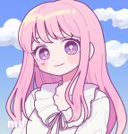  1girl absurdres bangs blue_sky blush bright_pupils clouds cloudy_sky commission highres long_hair looking_at_viewer nokanok original pink_hair portrait shadow shirt sky solo violet_eyes white_pupils white_shirt 