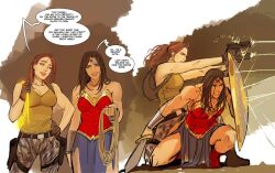  2girls aqua_tank_top battle black_hair bracer braid braided_ponytail breasts brown_hair brown_shorts buckler casing_ejection commentary dc_comics english_commentary firing flirting gun handgun holding holding_gun holding_lasso holding_shield holding_sword holding_weapon holster lara_croft lasso lasso_of_truth long_hair multiple_girls seductive_smile shell_casing shield shorts skirt smile stjepan_sejic superhero_costume sword talking tank_top teamwork teasing thigh_holster tiara tomb_raider weapon wonder_woman wonder_woman_(series) yuri 