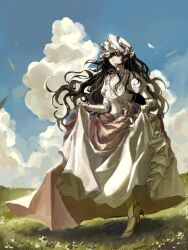  1girl black_hair blue_sky bow clouds day dress floating_hair full_body gloves grass grin hat hat_bow high_heels highres isolde_(reverse:1999) juliet_sleeves long_dress long_hair long_sleeves looking_at_viewer mikkang outdoors puffy_sleeves reverse:1999 skirt_hold sky smile solo veil very_long_hair violet_eyes walking white_bow white_dress white_hat white_veil yellow_gloves 