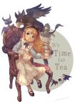  1girl :o alice_(alice_in_wonderland) alice_in_wonderland black_bow black_footwear blonde_hair blue_eyes blush bow cat chair cheshire_cat_(alice_in_wonderland) child cup disembodied_eye dress english_text griffin highres holding leaning_to_the_side long_hair looking_at_viewer nanami_tomorou shoes signature sitting teacup teapot white_dress 