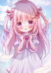  1girl angel angel_wings blush child clenched_hands dress feathered_wings feathers female_child hair_ornament hairclip hanasakichu highres holding holding_hair long_hair open_mouth original pink_eyes pink_hair ribbon short_sleeves solo two_side_up white_dress wings 