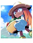  1boy artist_name basket blush clouds cloudy_sky fang food fruit furry furry_male gareki_sh hat knuckles_the_echidna male_focus outdoors signature sky smile solo sonic_(series) straw_hat sun sunlight sweat sweatdrop tomato towel towel_around_neck violet_eyes watermelon 
