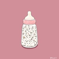  animal baby_bottle bottle commentary hamster in_bottle in_container looking_at_viewer no_humans original pink_background simple_background untranslatable_commentary upiupisyo 
