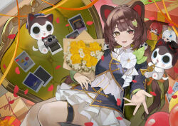  3girls :3 :d ange_katrina animal_ears animal_hair_ornament anniversary banken_(inui_toko) beckoning beret black_hat blue_hat blue_shirt blue_skirt bouquet box braid breasts brown_hair camera chair cine_(wazd0183) collared_shirt commentary_request creature cup_hair_ornament dog_ears dog_girl falling_petals fangs floating flower flower_request gift gift_box gold_trim hand_up hat heterochromia highres holding holding_bouquet holding_camera holding_instrument holding_trumpet idol_clothes in_box in_container instrument inui_toko layered_shirt layered_skirt lize_helesta long_hair long_sleeves looking_at_viewer low_twin_braids lying mandragora_(ange_katrina) mini_person minigirl miniskirt multiple_girls nijisanji nijisanji_idol_uniform on_chair open_hand petals polaroid_camera polaroid_photo red_eyes red_petals sanbaka_(nijisanji) sebastian_piyodore shirt skirt sleeve_cuffs small_breasts smile thigh_strap top_hat trumpet twin_braids very_long_hair virtual_youtuber white_flower white_shirt white_skirt yellow_eyes yellow_flower 
