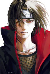  1boy akatsuki_uniform bin_(binonep) black_hair blood blood_from_eyes closed_mouth commentary_request fishnet_top fishnets floating_hair forehead_protector jewelry konohagakure_symbol korean_commentary lips looking_at_viewer male_focus naruto_(series) naruto_shippuuden necklace nose portrait red_eyes sharingan short_hair simple_background solo uchiha_itachi white_background 
