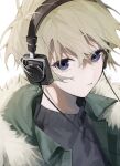  1boy absurdres blonde_hair blue_eyes fur_trim headphones highres jacket looking_at_viewer medium_hair original portrait simple_background turtleneck white_background white_xxxx 