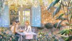  2boys absurdres arm_on_table bangs blonde_hair brick_wall brown_hair bush chair closed_eyes cup dappled_sunlight denim drink elbows_on_table faux_traditional_media flower giorno_giovanna guido_mista hand_on_own_chin head_rest highres hood hoodie jeans jojo_no_kimyou_na_bouken koha_(xxkohaku) long_hair long_sleeves looking_at_another male_focus multiple_boys on_chair open_mouth open_shutters outdoors painting_(medium) pants plant short_sleeves shutter smile sunlight table traditional_media vento_aureo window 