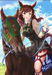  1girl :d animal_ears black_dress blue_sky blurry blurry_background bow bowtie brown_hair cheenosuke clouds cloudy_sky collared_shirt commentary_request cowboy_shot creature_and_personification day diagonal-striped_bow diagonal-striped_bowtie diagonal-striped_clothes dress ear_ribbon frilled_dress frills green_bow green_bowtie green_ribbon green_wrist_cuffs grey_eyes hair_ribbon hands_up holding horse_ears horse_girl horse_tail horseback_riding impossible_clothes impossible_dress long_sleeves medium_dress medium_hair nice_nature_(poinsettia_ribbon)_(umamusume) nice_nature_(racehorse) nice_nature_(umamusume) open_mouth outdoors personification real_life red_bow red_bowtie red_trim red_wrist_cuffs ribbon riding sample_watermark shirt short_dress sky sleeveless sleeveless_dress smile solo striped_bow striped_bowtie striped_clothes swept_bangs tail teeth tongue translation_request twintails two-tone_bow two-tone_bowtie two-tone_wrist_cuffs umamusume upper_teeth_only watermark white_shirt wrist_cuffs 