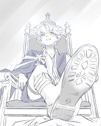  1boy absurdres anabellnordin boots collared_shirt feet foot_focus from_below highres knee_boots lineart on_throne original partially_colored shirt short_hair sitting solo tagme white_background yellow_eyes 