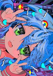  1girl :3 absurdres bangs blue_hair building crossed_bangs dot_nose double_v green_eyes hair_between_eyes hands_up heart highres izumi_konata lucky_star mole mole_under_eye momae_makku open_mouth portrait rainbow short_hair_with_long_locks sidelocks sleeve_cuffs smile solo v 