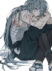  1boy 6_6udon arm_support arms_on_knees bags_under_eyes blood blood_on_arm blood_on_back blue_hakama body_writing chest_sarashi closed_mouth crossed_ankles crossed_arms eyes_visible_through_hair frown fubuki_(nige_jouzu_no_wakagimi) grey_eyes grey_hair hair_over_one_eye hakama hunched_over injury japanese_clothes knees_up long_hair looking_at_viewer low_ponytail male_focus midriff_sarashi nige_jouzu_no_wakagimi pectorals ponytail rope_marks sandals sarashi scar scar_on_arm sidepec sitting solo tabi toned toned_male tsurime very_long_hair white_background wolf_cut zouri 